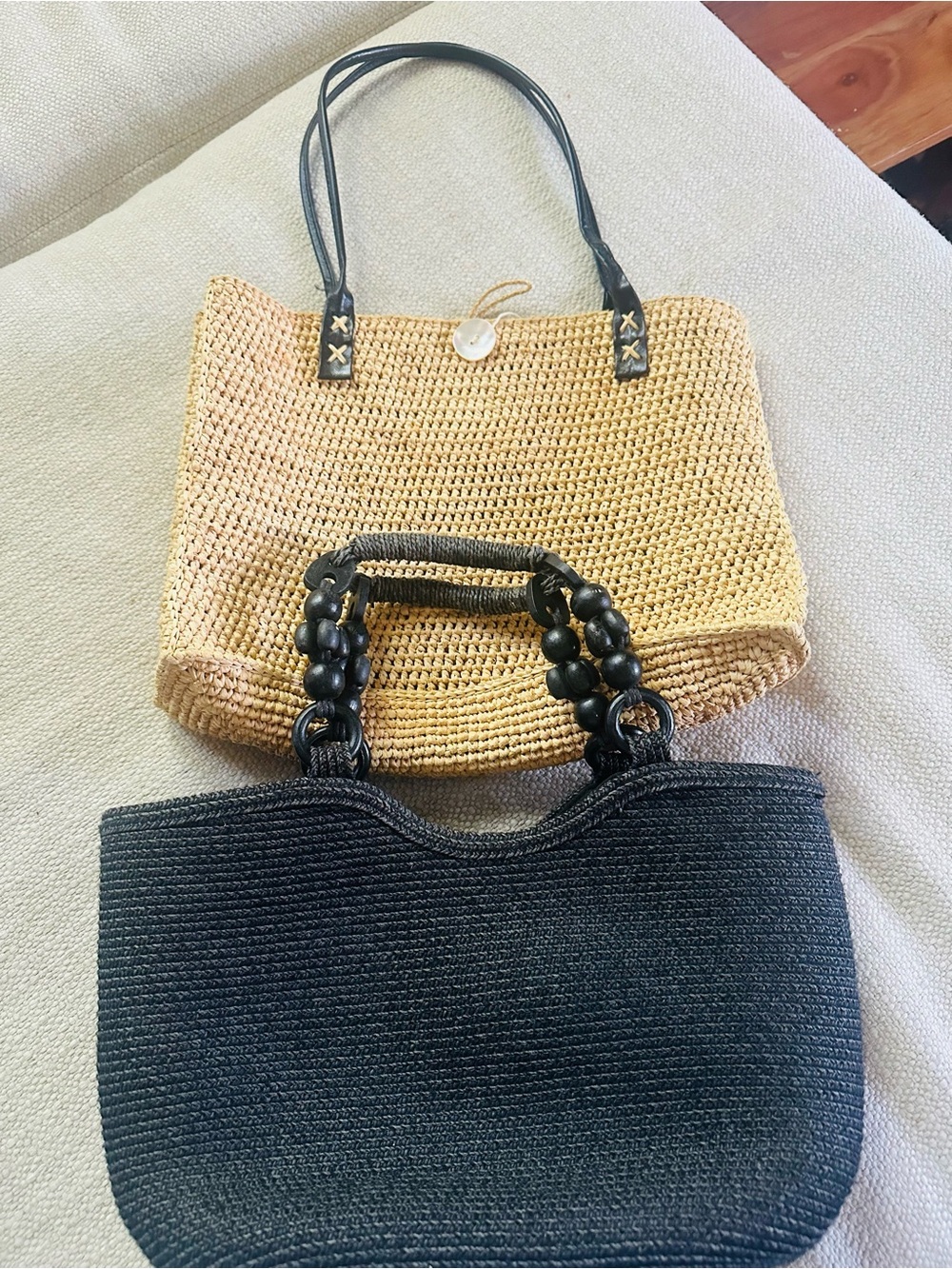 Set of 2 Woven Straw Tote with Black Accents - Natural/Black